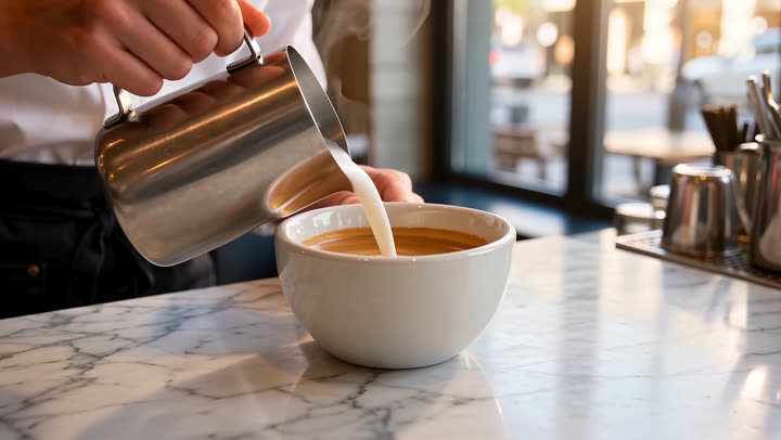 A barista pours steamed milk into a flat white on a marble c