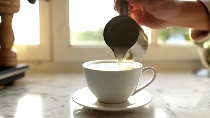 A barista pours steamed milk into a flat white on a marble c